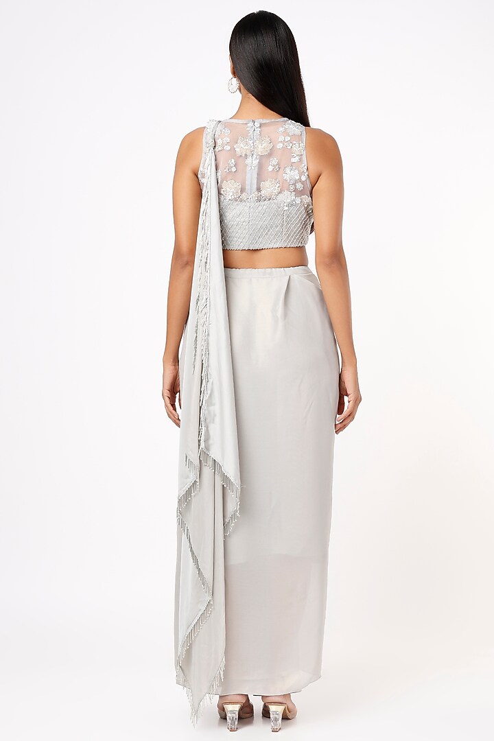 Light Grey Lame Draped Party Wear Saree Set by Mystic Vibes at Pernia's Pop Up Shop