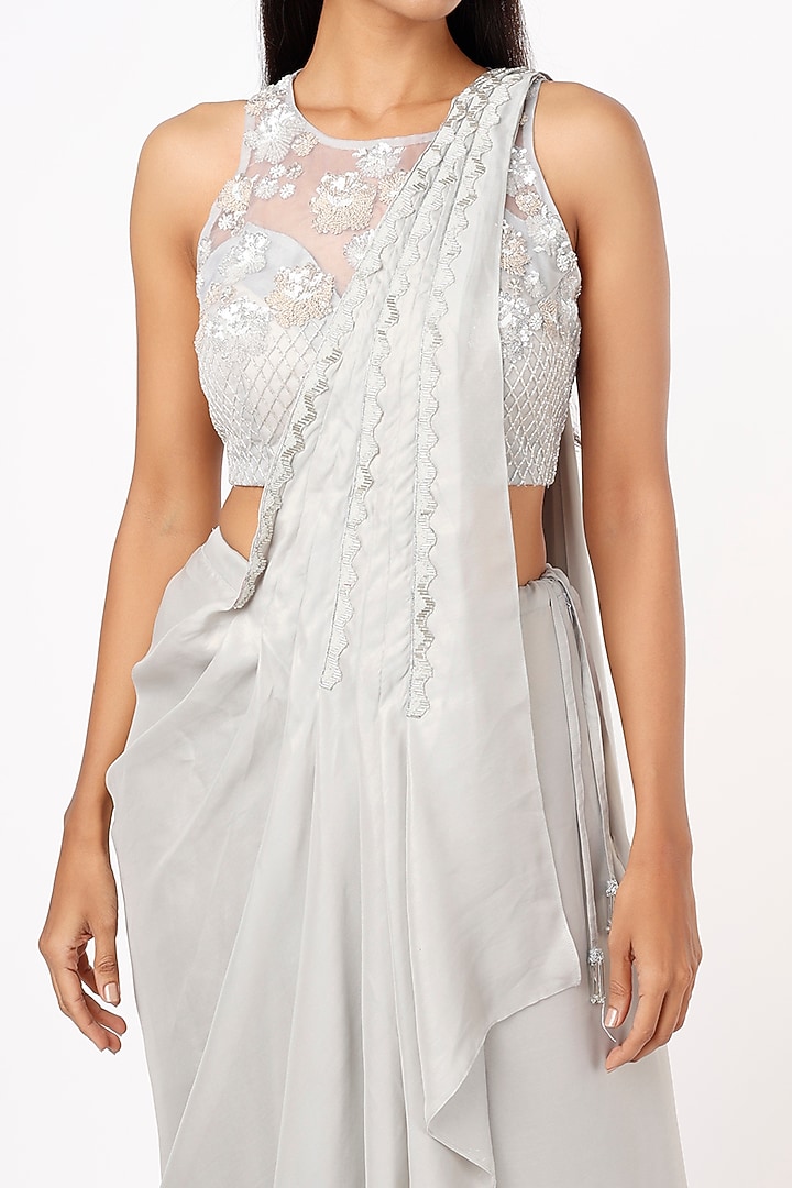 Light Grey Lame Draped Party Wear Saree Set by Mystic Vibes at Pernia's Pop Up Shop