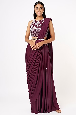 Wine Lycra Draped Saree Set by Mystic Vibes
