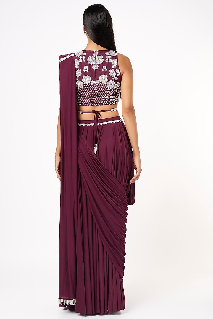 Wine Lycra Draped Party Wear Saree Set by Mystic Vibes at Pernia's Pop Up Shop