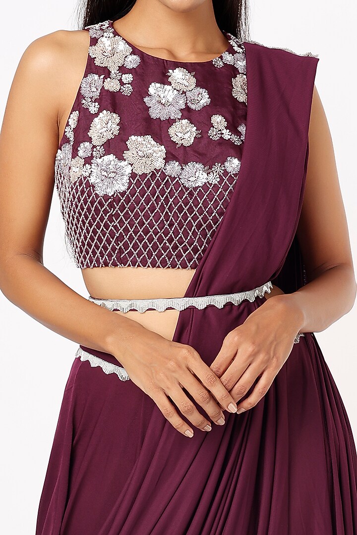 Wine Lycra Draped Party Wear Saree Set by Mystic Vibes at Pernia's Pop Up Shop