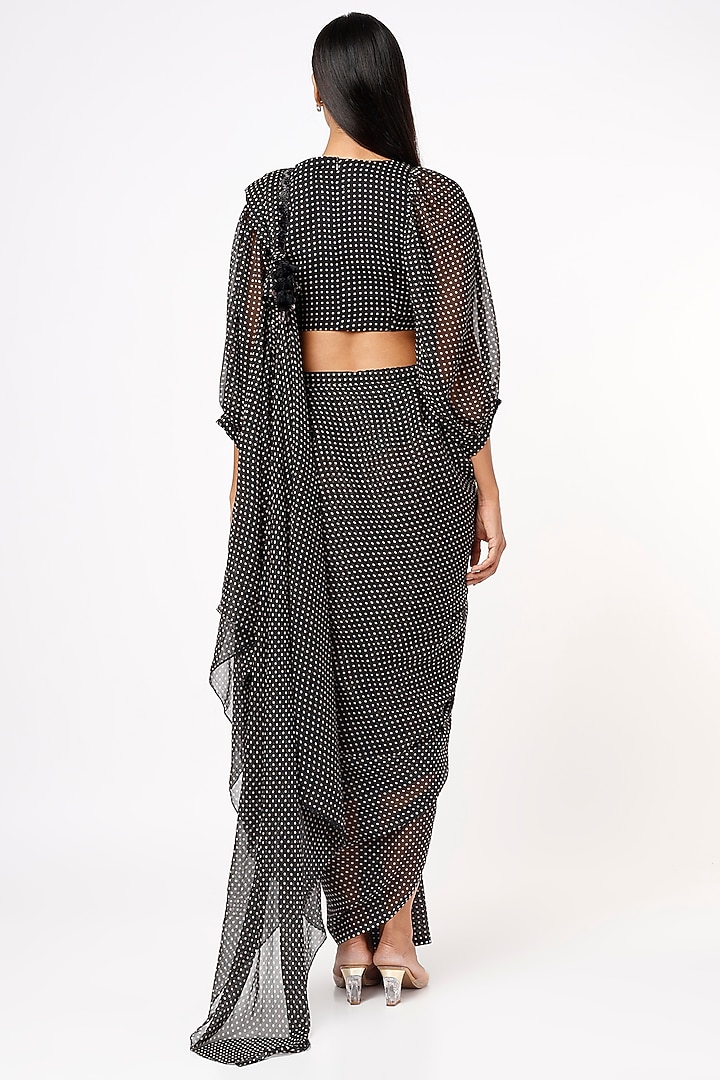 Black Printed Pre-Stitched Party Wear Saree Set by Mystic Vibes at Pernia's Pop Up Shop