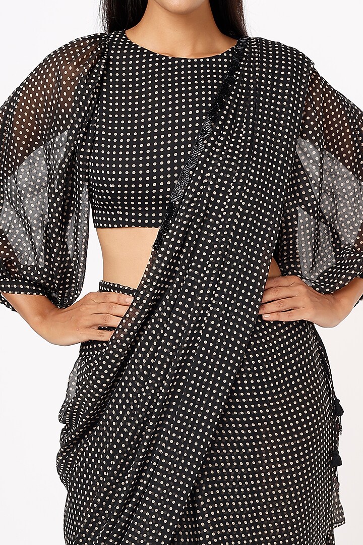 Black Printed Pre-Stitched Party Wear Saree Set by Mystic Vibes at Pernia's Pop Up Shop