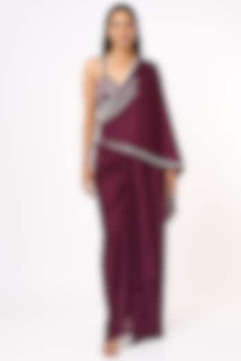 Wine Lycra Draped Skirt Saree Set by Mystic Vibes