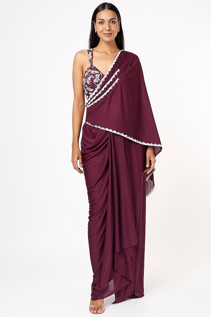 Wine Lycra Draped Skirt Saree Set by Mystic Vibes at Pernia's Pop Up Shop