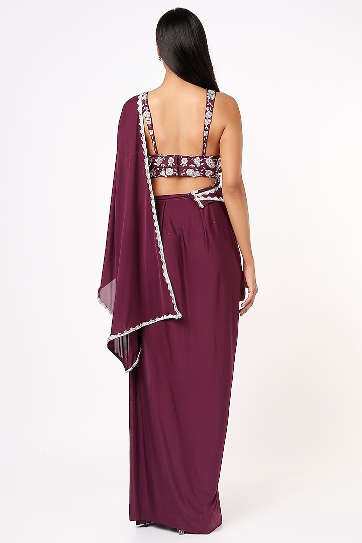 Wine Lycra Draped Skirt Party Wear Saree Set by Mystic Vibes at Pernia's Pop Up Shop