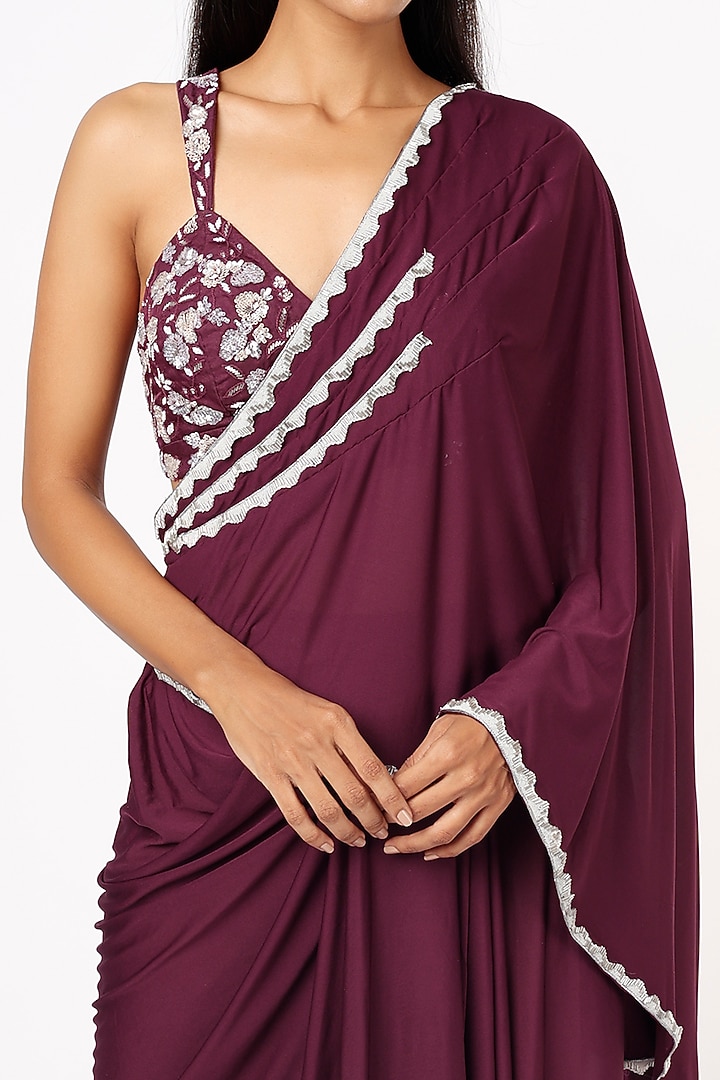 Wine Lycra Draped Skirt Party Wear Saree Set by Mystic Vibes at Pernia's Pop Up Shop