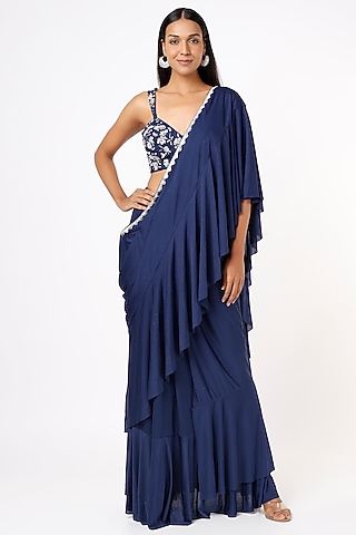 Cobalt Blue Lycra Ruffled Draped Saree Set by Mystic Vibes