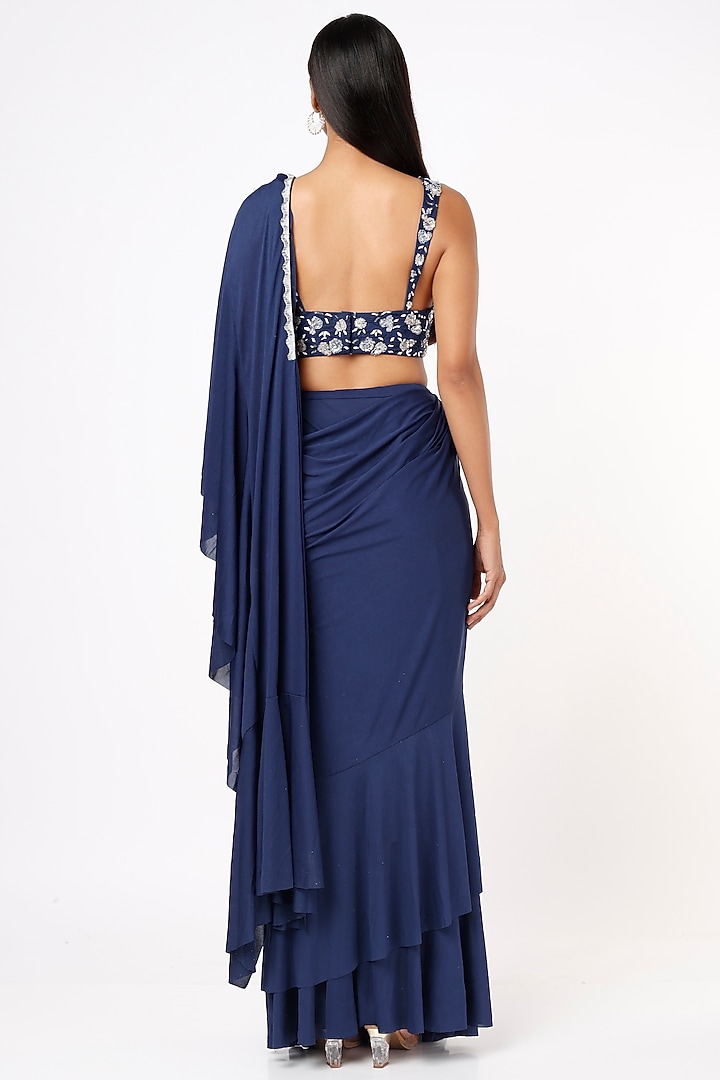 Cobalt Blue Lycra Ruffled Draped Wedding Saree Set by Mystic Vibes at Pernia's Pop Up Shop