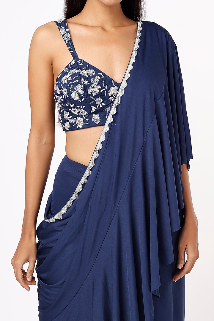 Cobalt Blue Lycra Ruffled Draped Wedding Saree Set by Mystic Vibes at Pernia's Pop Up Shop