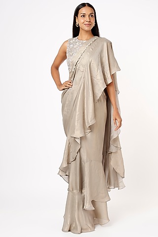 Grey Lame Ruffled Saree Set by Mystic Vibes