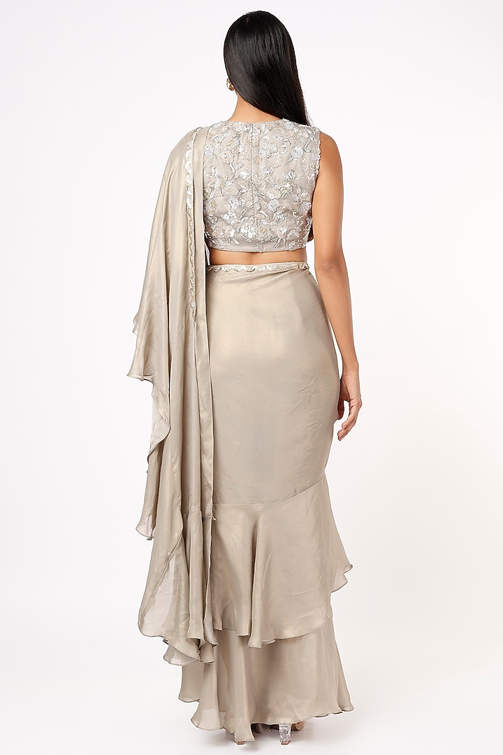 Grey Lame Ruffled Wedding Saree Set by Mystic Vibes at Pernia's Pop Up Shop