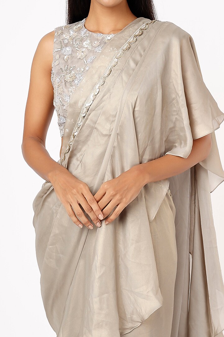 Grey Lame Ruffled Wedding Saree Set by Mystic Vibes at Pernia's Pop Up Shop