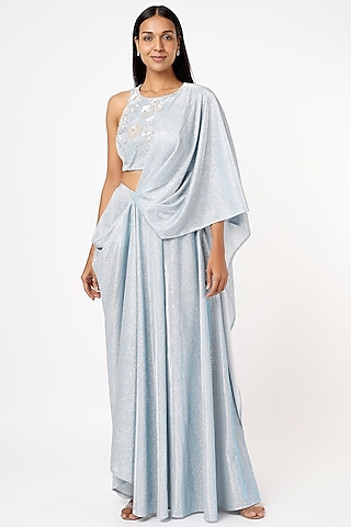 Powder Blue Sparkle Lycra Draped Saree Set by Mystic Vibes