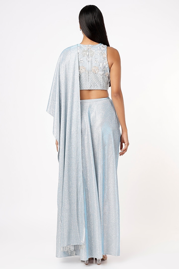 Powder Blue Sparkle Lycra Draped Wedding Saree Set by Mystic Vibes at Pernia's Pop Up Shop
