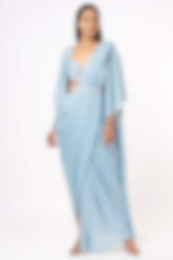 Sky Blue Shimmer Lycra Draped Saree Set by Mystic Vibes