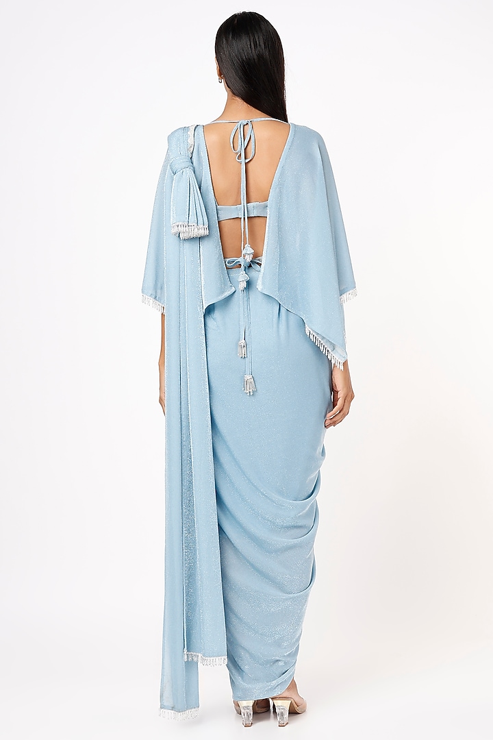 Sky Blue Shimmer Lycra Draped Wedding Saree Set by Mystic Vibes at Pernia's Pop Up Shop