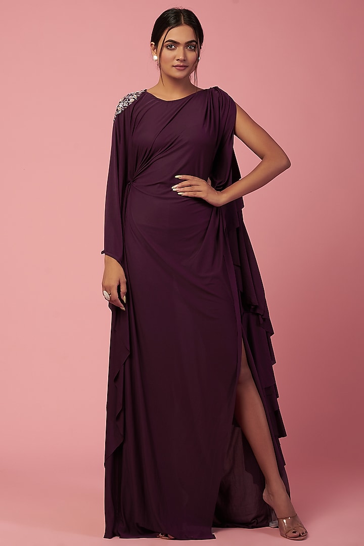 Wine Lycra Draped Saree Gown by Mystic Vibes