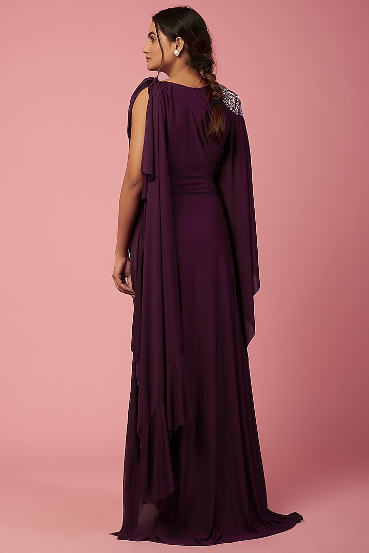 Wine Lycra Draped Saree Gown by Mystic Vibes at Pernia's Pop Up Shop