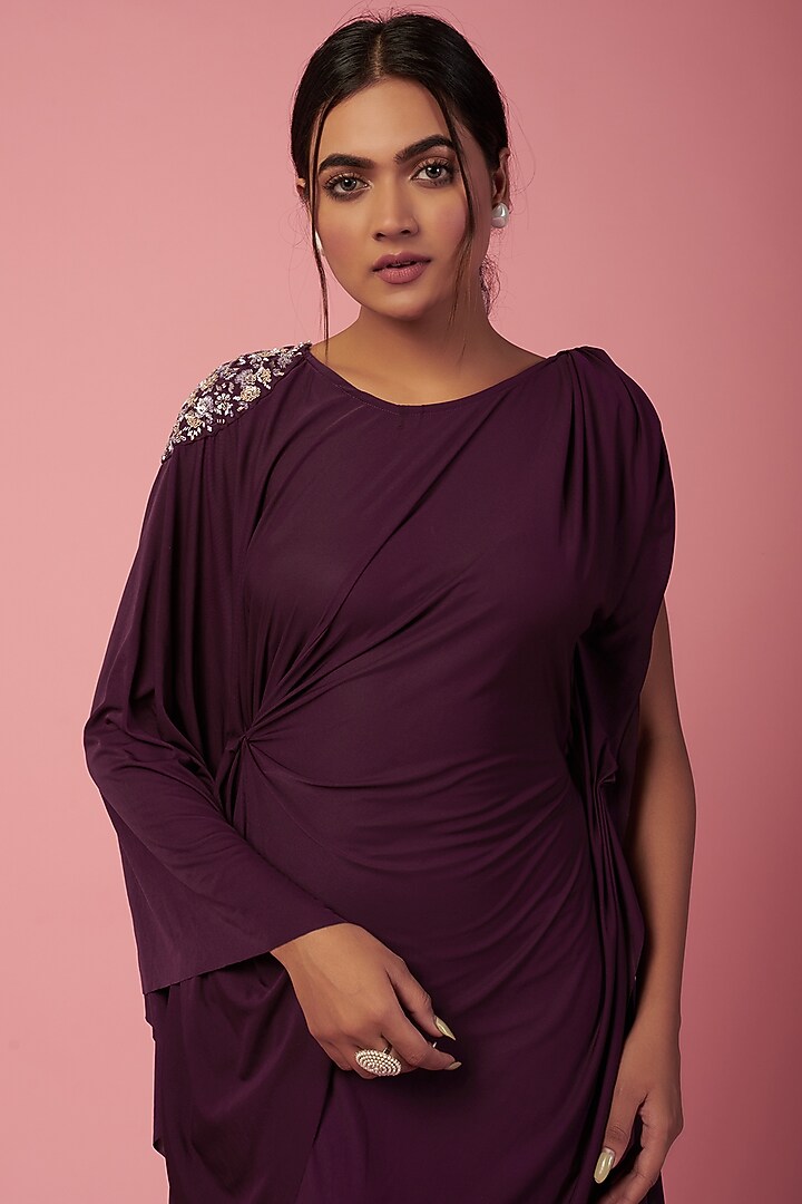 Wine Lycra Draped Saree Gown by Mystic Vibes at Pernia's Pop Up Shop
