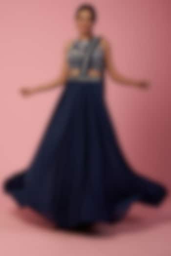 Indigo Blue Lycra Pleated Skirt Saree Set by Mystic Vibes