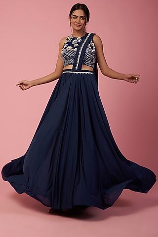 Indigo Blue Lycra Pleated Skirt Saree Set by Mystic Vibes