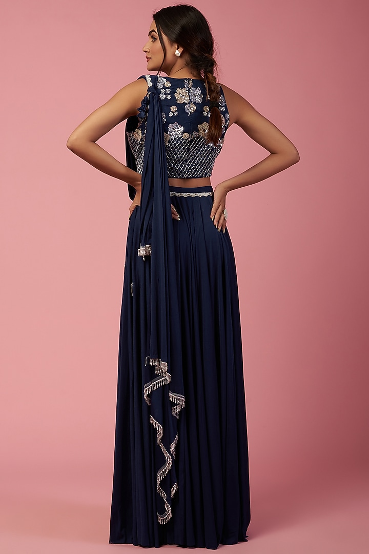 Indigo Blue Lycra Pleated Skirt Wedding Saree Set by Mystic Vibes at Pernia's Pop Up Shop