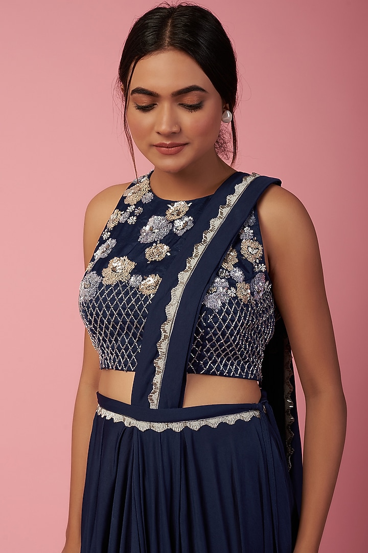 Indigo Blue Lycra Pleated Skirt Wedding Saree Set by Mystic Vibes at Pernia's Pop Up Shop