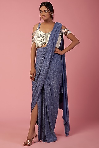 Lavender Lycra Pre-Stitched Saree Set by Mystic Vibes