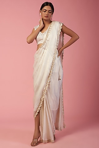 Ivory Georgette Draped Palla Saree Set by Mystic Vibes