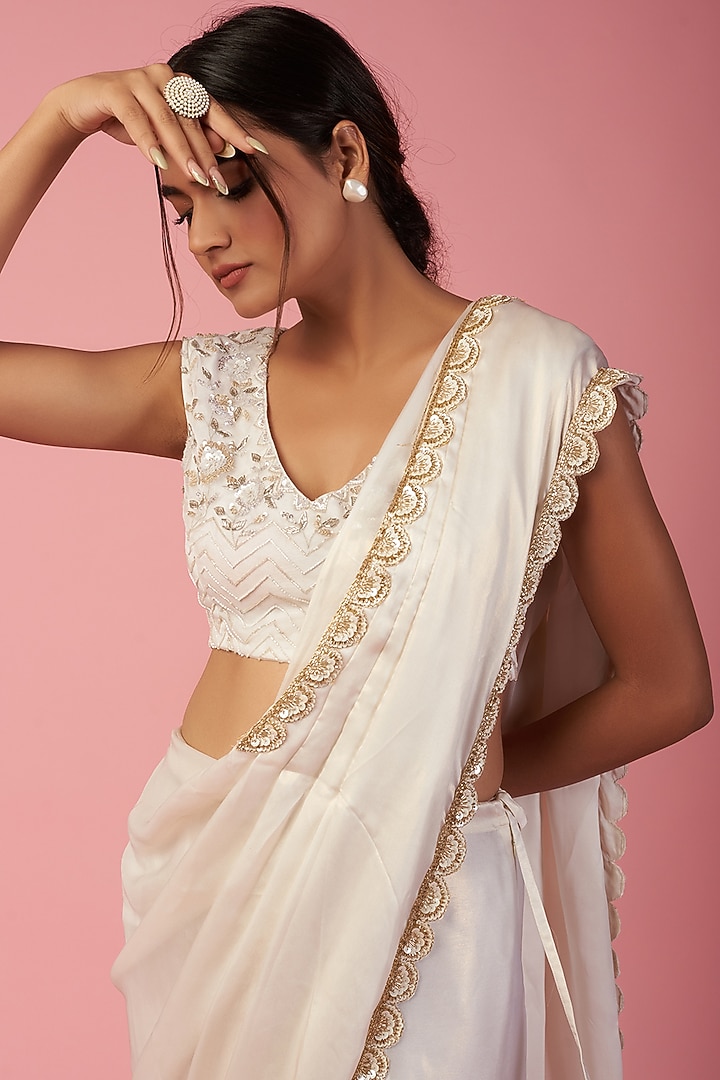 Ivory Georgette Draped Palla Wedding Saree Set by Mystic Vibes at Pernia's Pop Up Shop