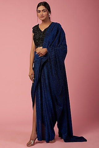 Blue Shimmer Lycra Pre-Stitched Saree Set  by Mystic Vibes