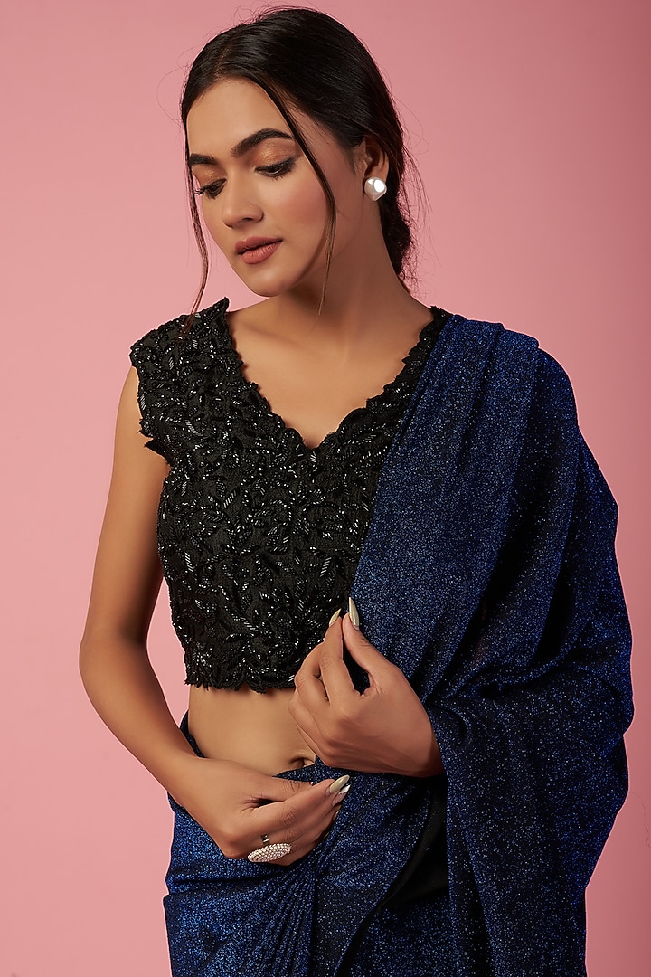 Blue Shimmer Lycra Pre-Stitched Party Wear Saree Set by Mystic Vibes at Pernia's Pop Up Shop
