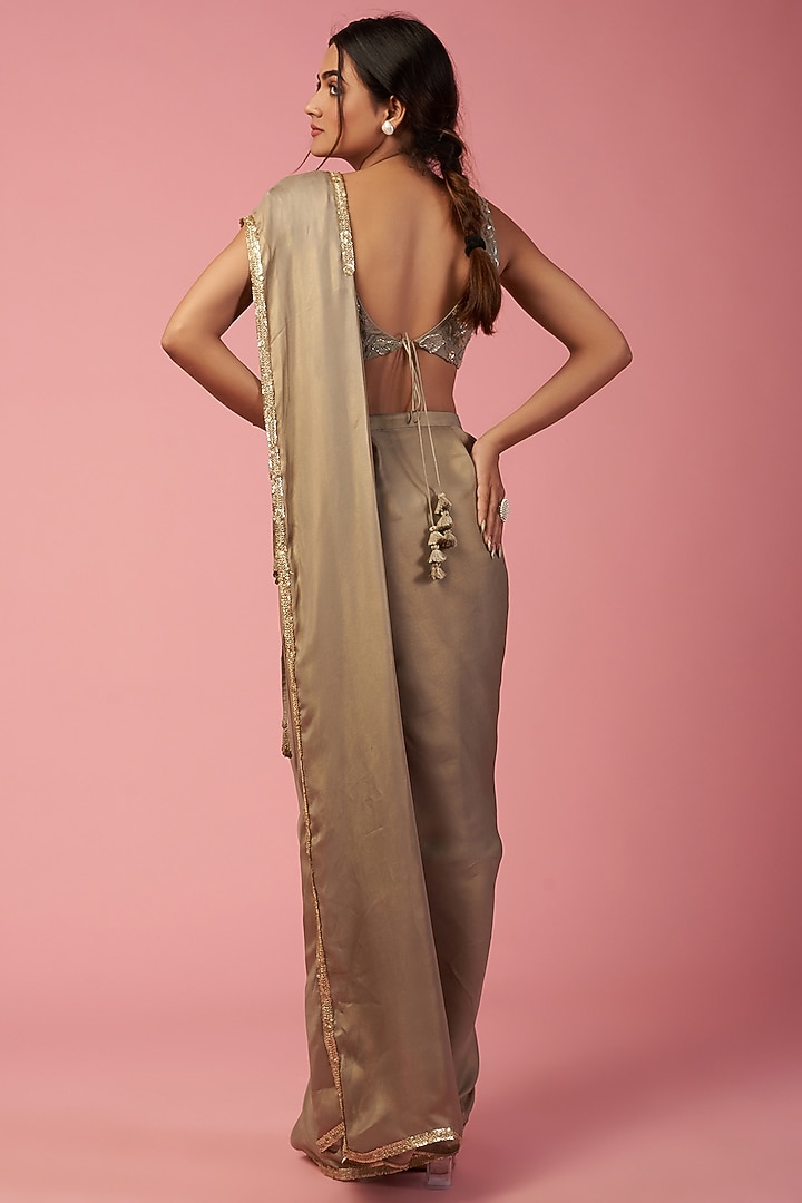 Beige Georgette Draped Palla Wedding Saree Set by Mystic Vibes at Pernia's Pop Up Shop