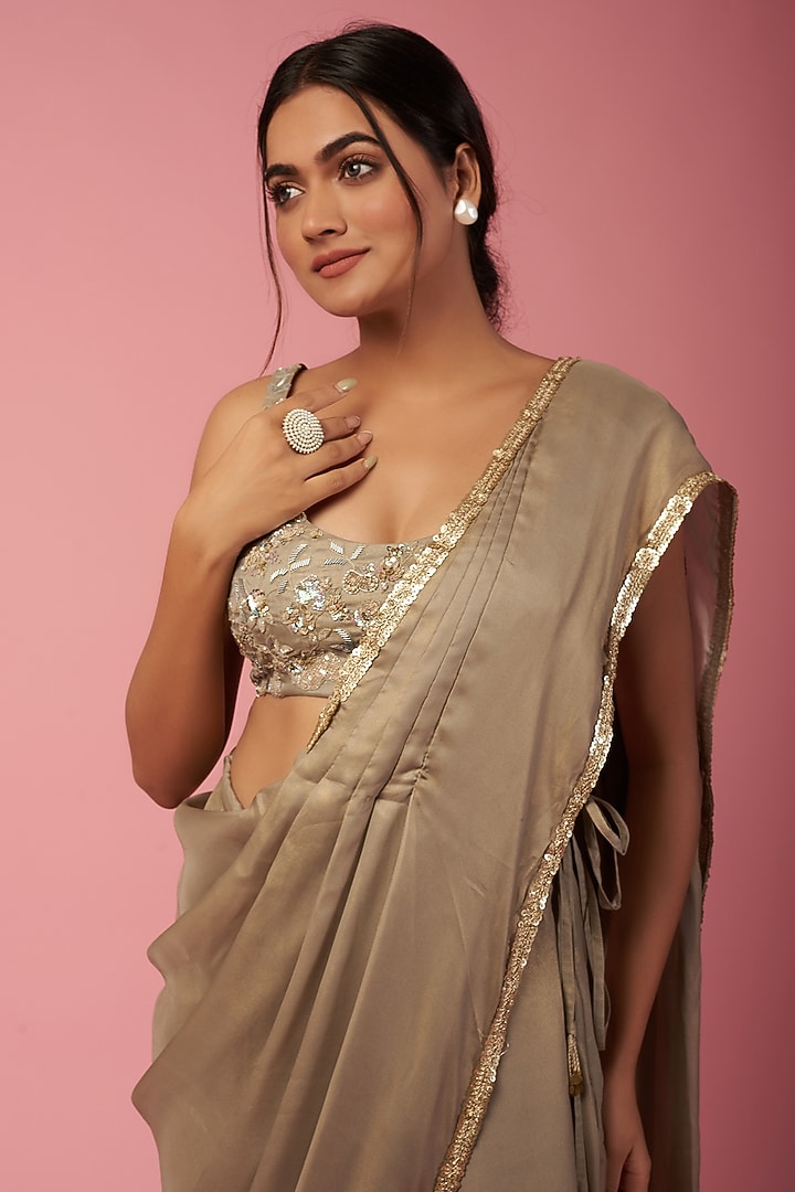 Beige Georgette Draped Palla Wedding Saree Set by Mystic Vibes at Pernia's Pop Up Shop
