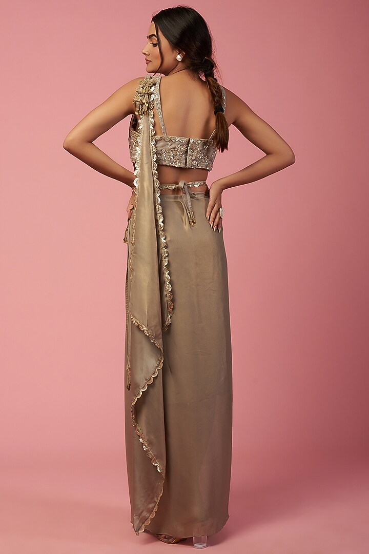 Gold Georgette Pre-Stitched Wedding Saree Set by Mystic Vibes at Pernia's Pop Up Shop