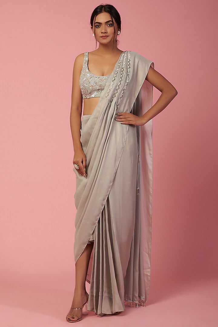Grey Georgette Pre-Stitched Saree Set by Mystic Vibes