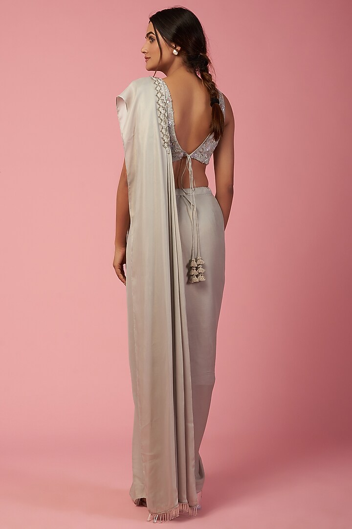 Grey Georgette Pre-Stitched Wedding Saree Set by Mystic Vibes at Pernia's Pop Up Shop