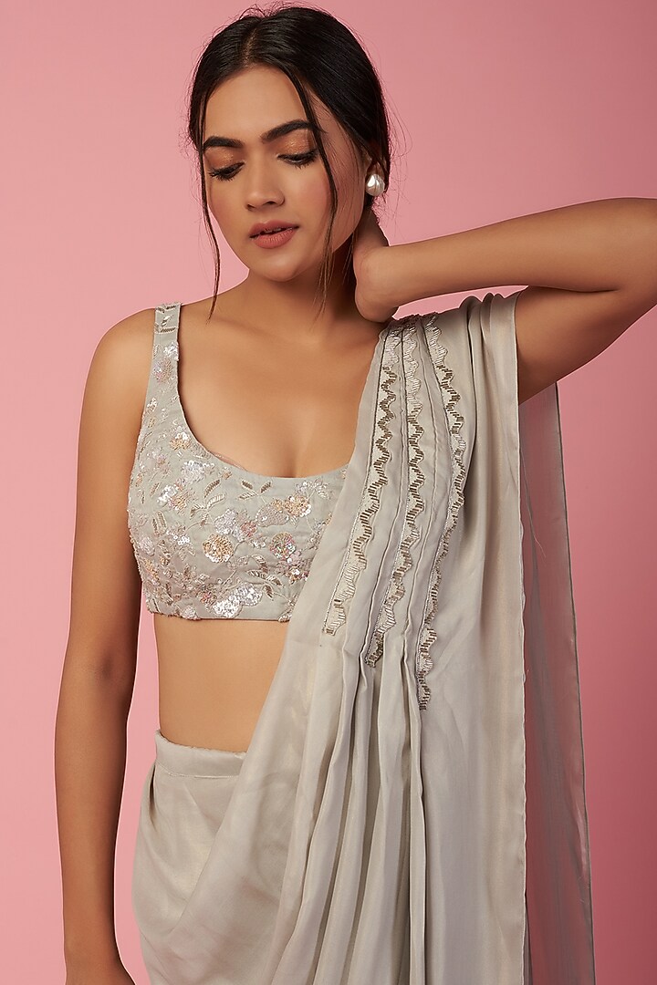 Grey Georgette Pre-Stitched Wedding Saree Set by Mystic Vibes at Pernia's Pop Up Shop