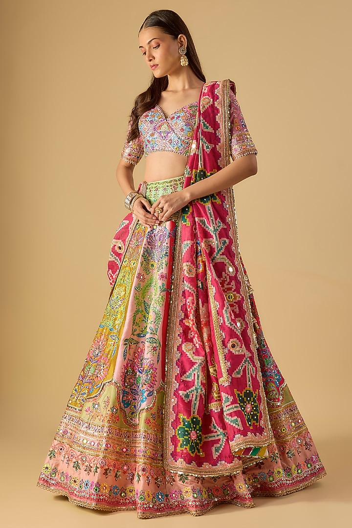 Multi-Colored Silk Gota & Mirror Embroidered Bridal Lehenga Set by Mayyur girotra at Pernia's Pop Up Shop