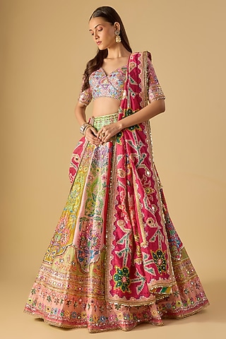 Multi-Colored Silk Gota & Mirror Embroidered Lehenga Set by Mayyur girotra