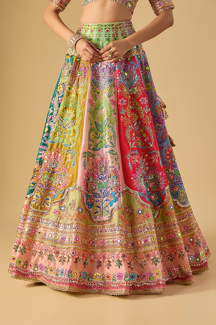 Multi-Colored Silk Gota & Mirror Embroidered Bridal Lehenga Set by Mayyur girotra at Pernia's Pop Up Shop