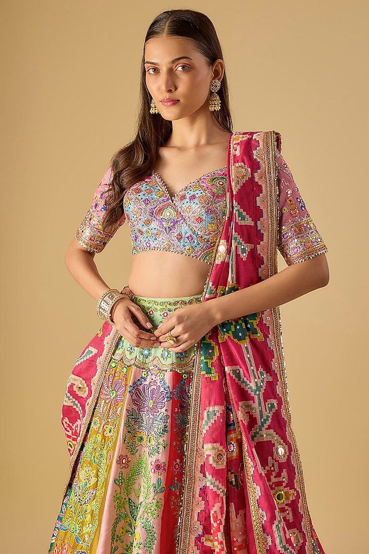 Multi-Colored Silk Gota & Mirror Embroidered Bridal Lehenga Set by Mayyur girotra at Pernia's Pop Up Shop
