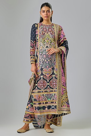 Dark Blue Chanderi Resham Embroidered Kurta Set by Mayyur girotra