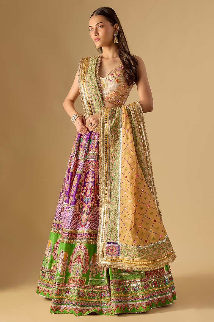 Purple & Green Silk Mirror Embroidered Bridal Lehenga Set by Mayyur girotra at Pernia's Pop Up Shop