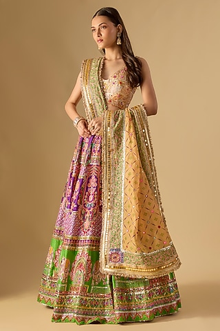 Purple & Green Silk Mirror Embroidered Lehenga Set by Mayyur girotra