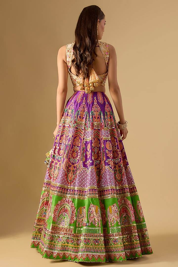 Purple & Green Silk Mirror Embroidered Bridal Lehenga Set by Mayyur girotra at Pernia's Pop Up Shop