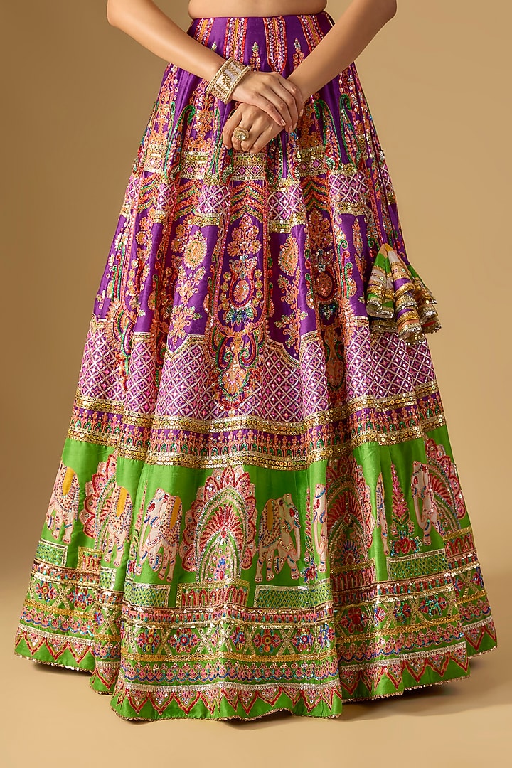 Purple & Green Silk Mirror Embroidered Bridal Lehenga Set by Mayyur girotra at Pernia's Pop Up Shop