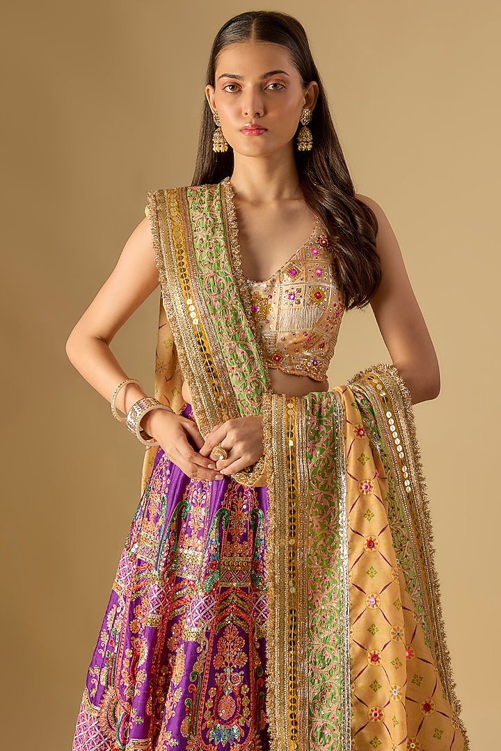 Purple & Green Silk Mirror Embroidered Bridal Lehenga Set by Mayyur girotra at Pernia's Pop Up Shop