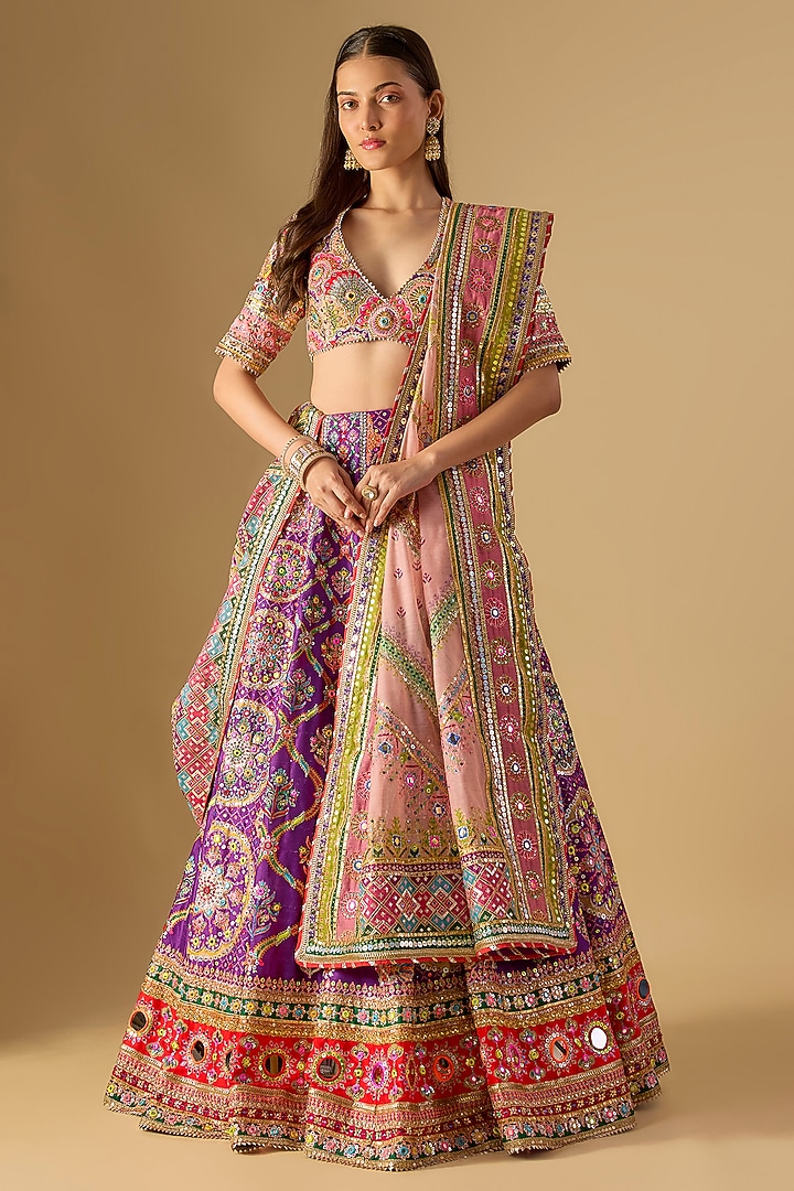 Purple Silk Mirror & Gota Embroidered Bridal Lehenga Set by Mayyur girotra at Pernia's Pop Up Shop